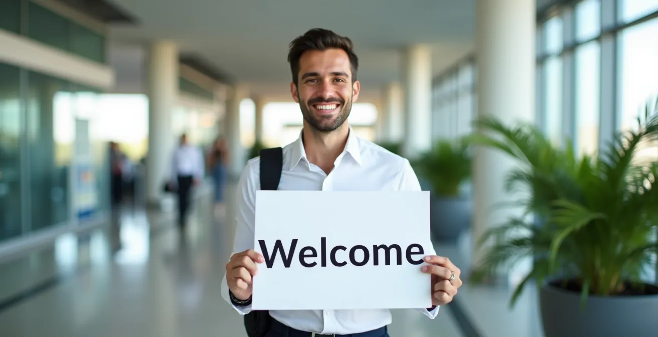 Chauffeur VTC souriant tenant une pancarte nominative dans le hall d'arrivée de l'aéroport