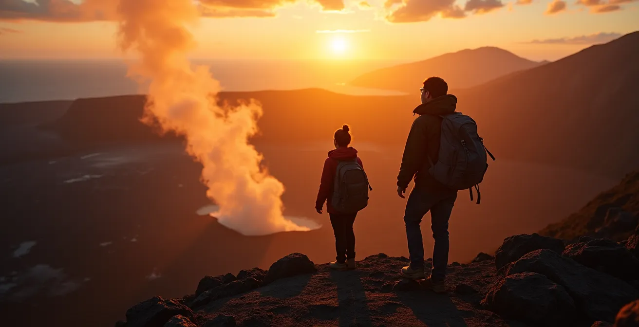 Randonneurs au lever du soleil sur le Piton de la Fournaise avec vue sur les cratères volcaniques