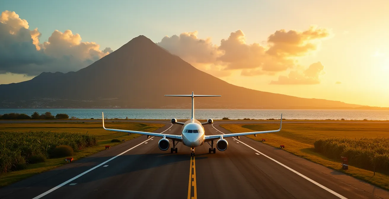 Vue aérienne de l'aéroport Roland Garros avec avion en approche et montagnes en arrière-plan
