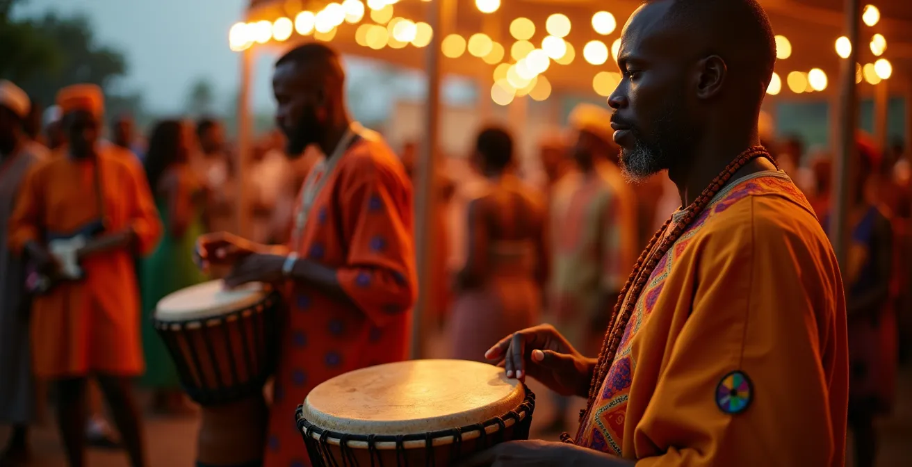 Scène de soirée musicale locale avec percussions traditionnelles et ambiance festive créole