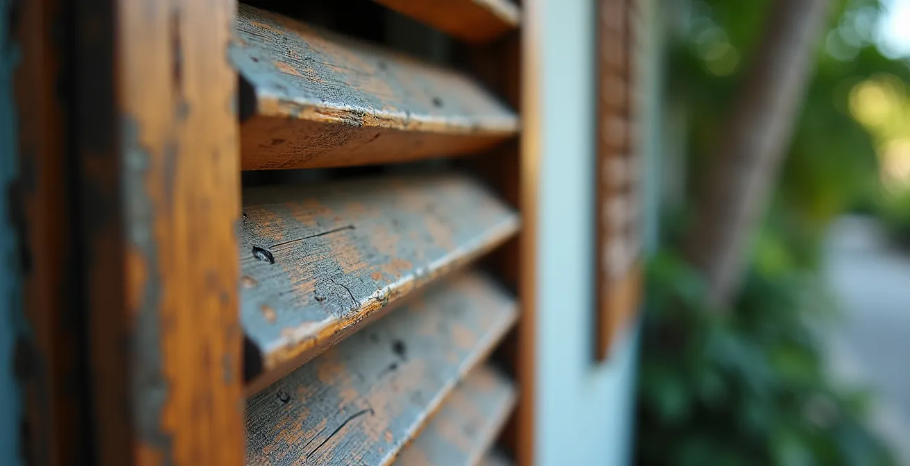 Gros plan sur des détails révélateurs de l'état d'un hôtel tropical : texture de bois, traces d'humidité