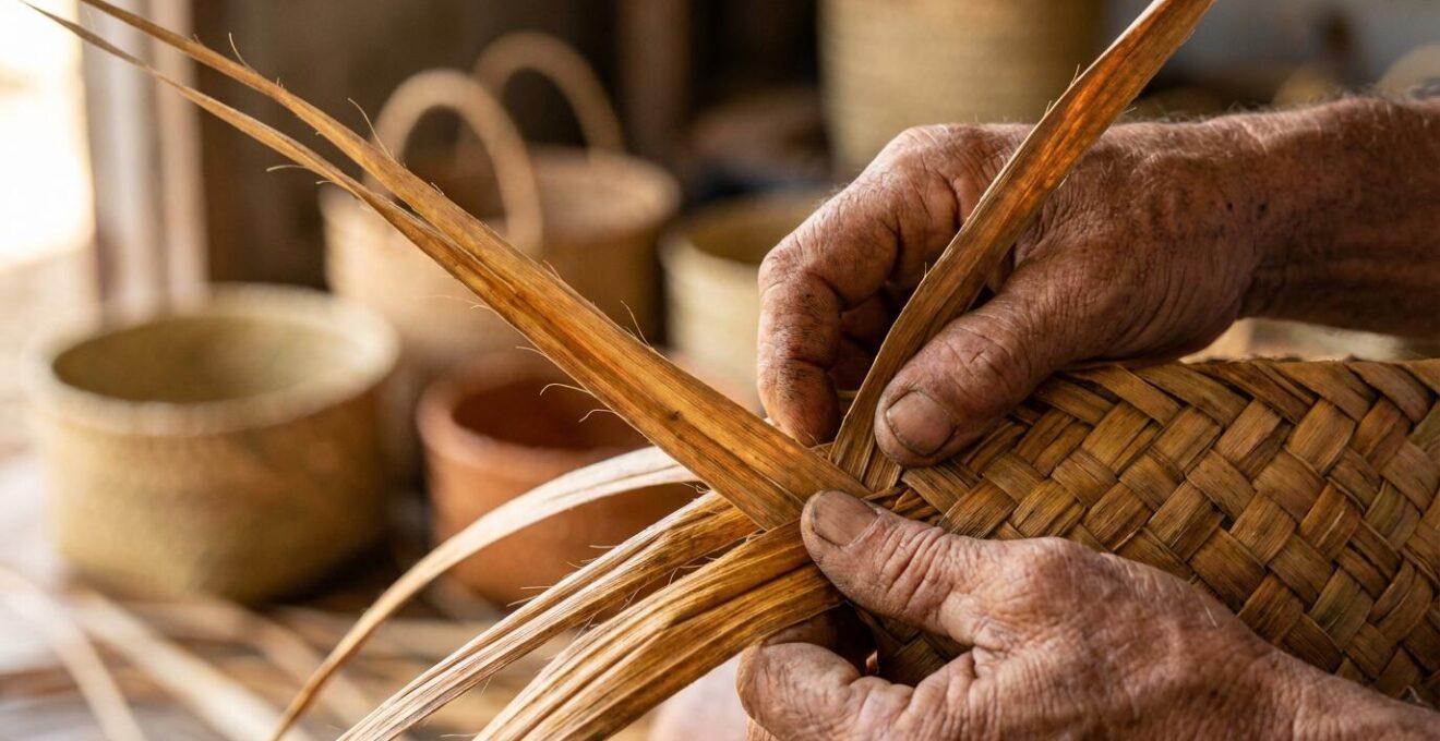 Mains d'artisan tressant des feuilles de vacoa avec paniers colorés en arrière-plan