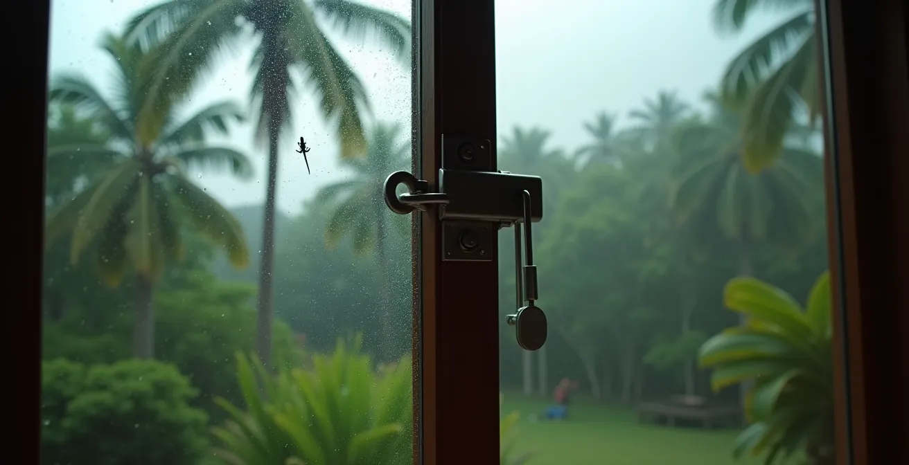 Vue depuis l'intérieur d'une villa montrant une baie vitrée fermée avec serrure visible et vue sur jardin tropical