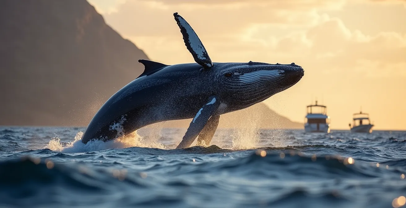 Baleine à bosse effectuant un saut spectaculaire au large de la côte ouest de La Réunion