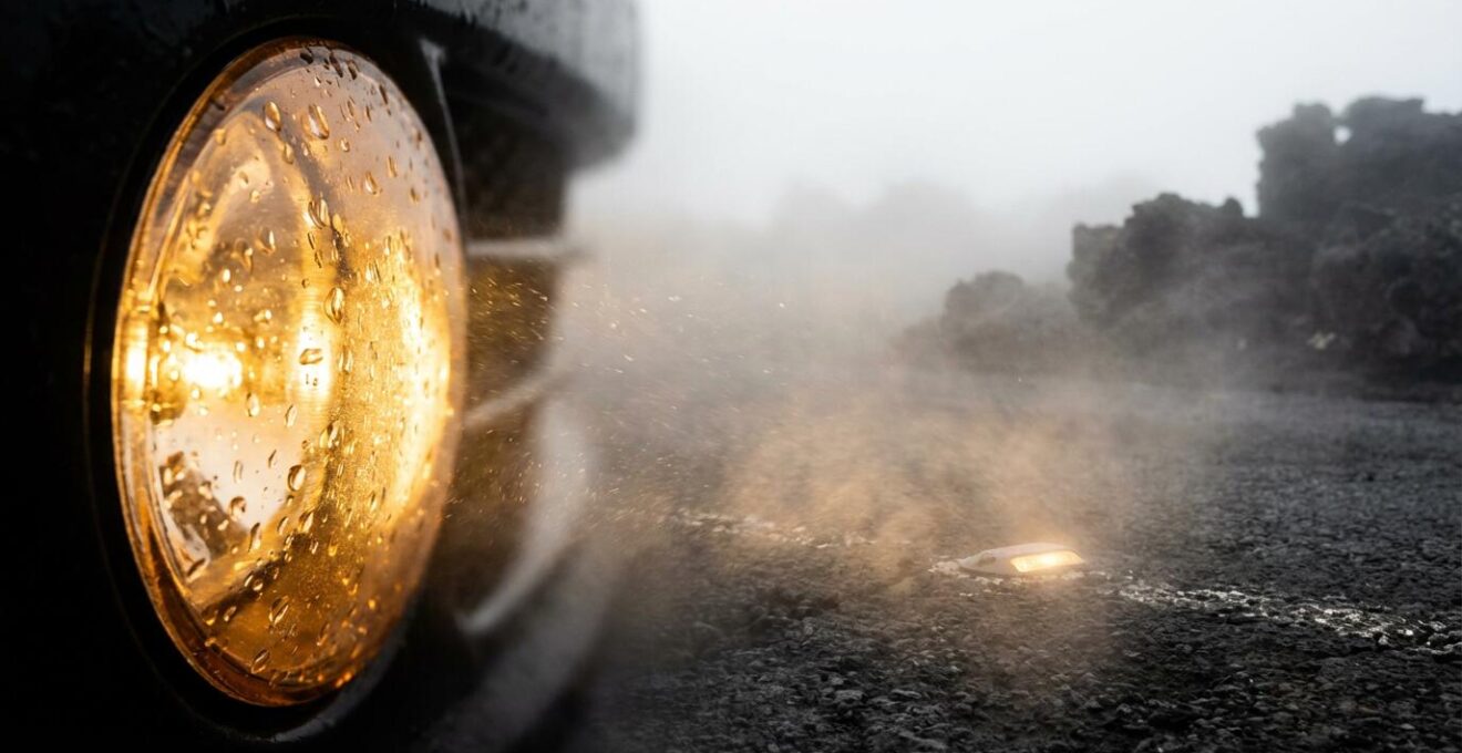 Voiture naviguant prudemment dans le brouillard épais sur la route du volcan