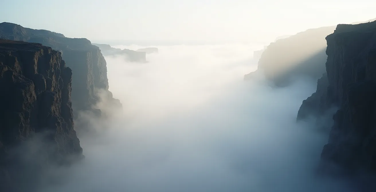 Brume s'élevant progressivement le long des remparts volcaniques du Pas de Bellecombe en milieu de matinée