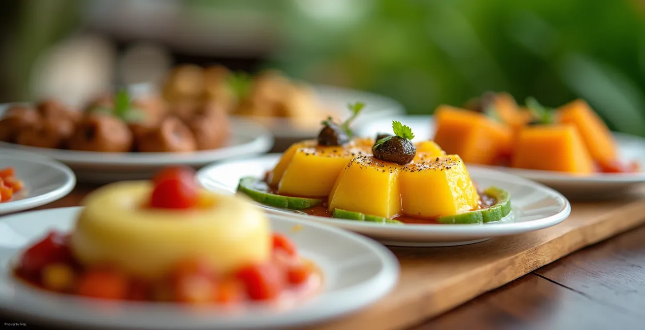 Buffet de demi-pension avec spécialités créoles adaptées aux enfants dans un hôtel de La Réunion