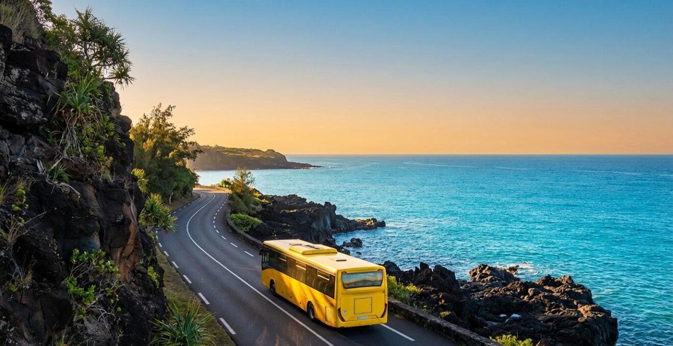 Un car jaune longeant la route du littoral de La Réunion avec vue sur l'océan Indien