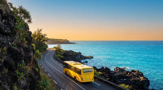Un car jaune longeant la route du littoral de La Réunion avec vue sur l'océan Indien