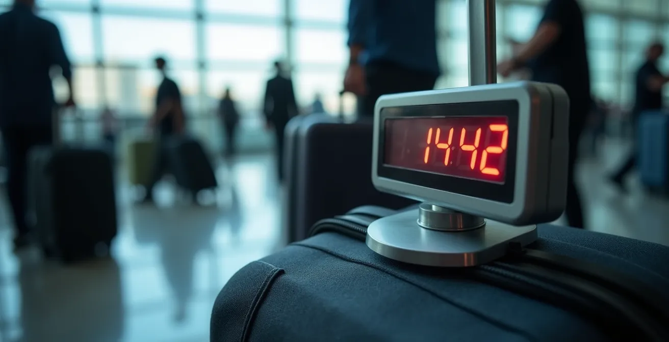 Voyageur pesant ses bagages avec bouteilles de rhum sur une balance d'aéroport