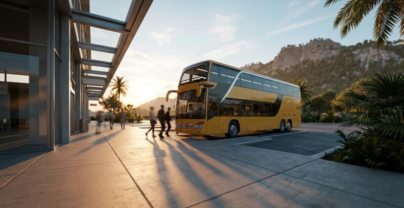 Car Jaune à étage stationné à la gare routière de Saint-Pierre avec voyageurs montant à bord