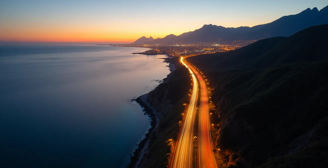 Vue aérienne des routes principales de La Réunion avec indication visuelle des temps de trajet et zones d'embouteillages