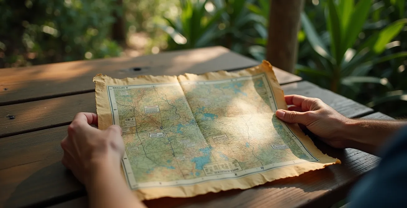 Randonneur consultant une carte papier sur un sentier isolé des Hauts avec vue sur les montagnes brumeuses