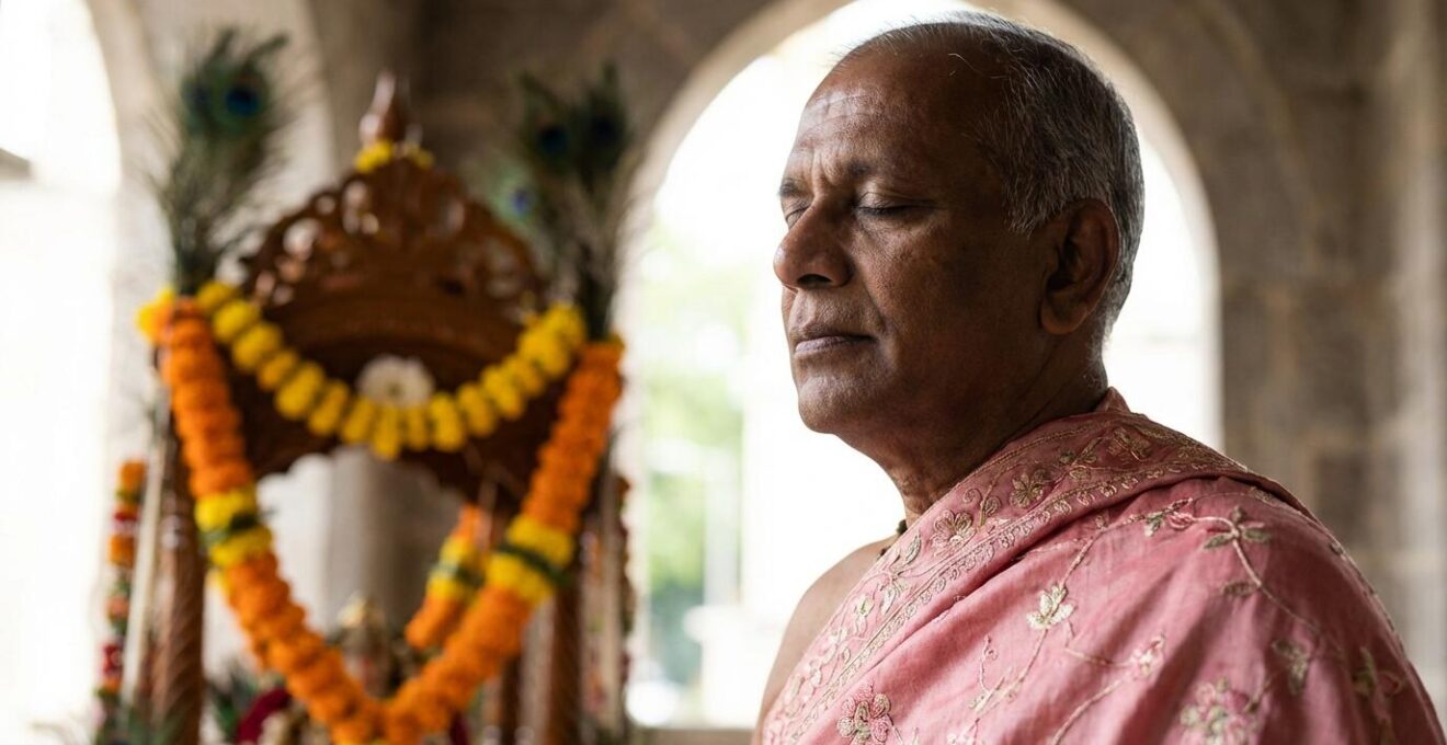 Pénitent en état de méditation profonde portant un Cavadee fleuri lors de la cérémonie