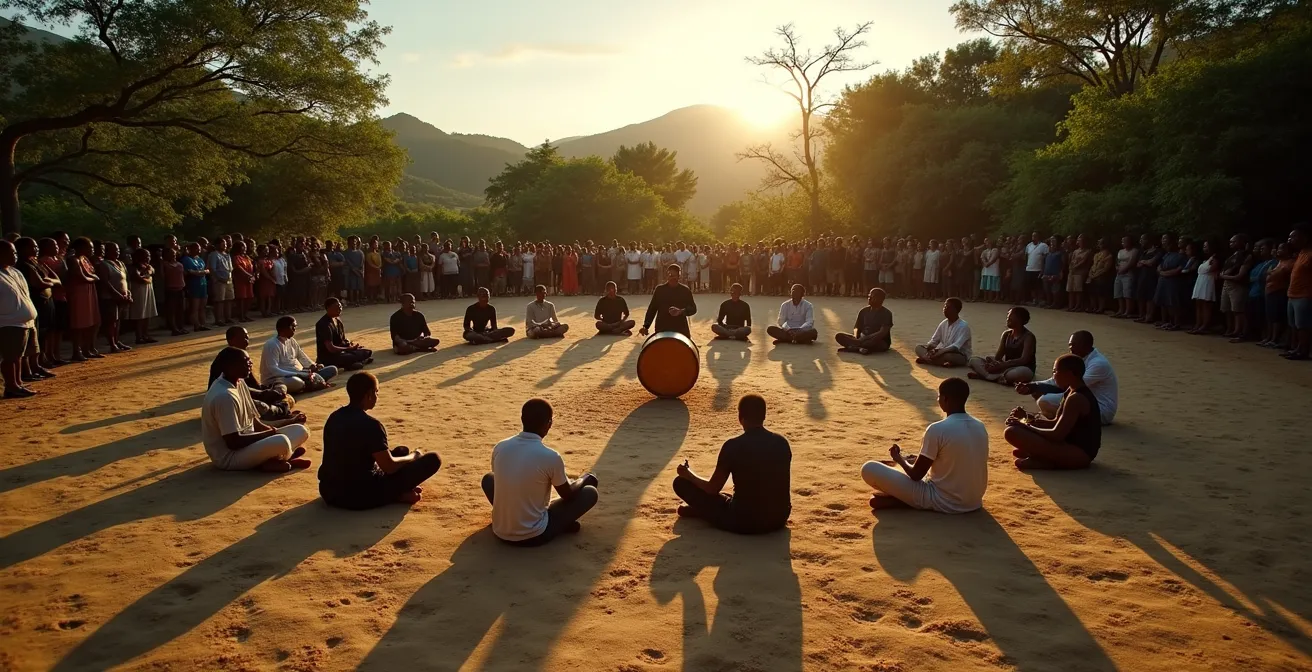Cercle de musiciens jouant du maloya avec kayamb et roulèr lors d'un kabar