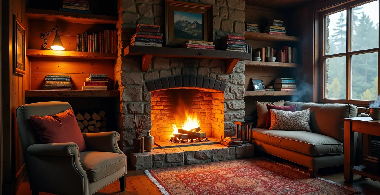 Intérieur chaleureux d'un chalet créole avec livres et jeux de société près d'une cheminée allumée