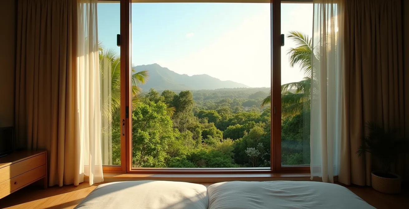Vue depuis une chambre d'hôtel calme donnant sur un jardin tropical endémique de La Réunion