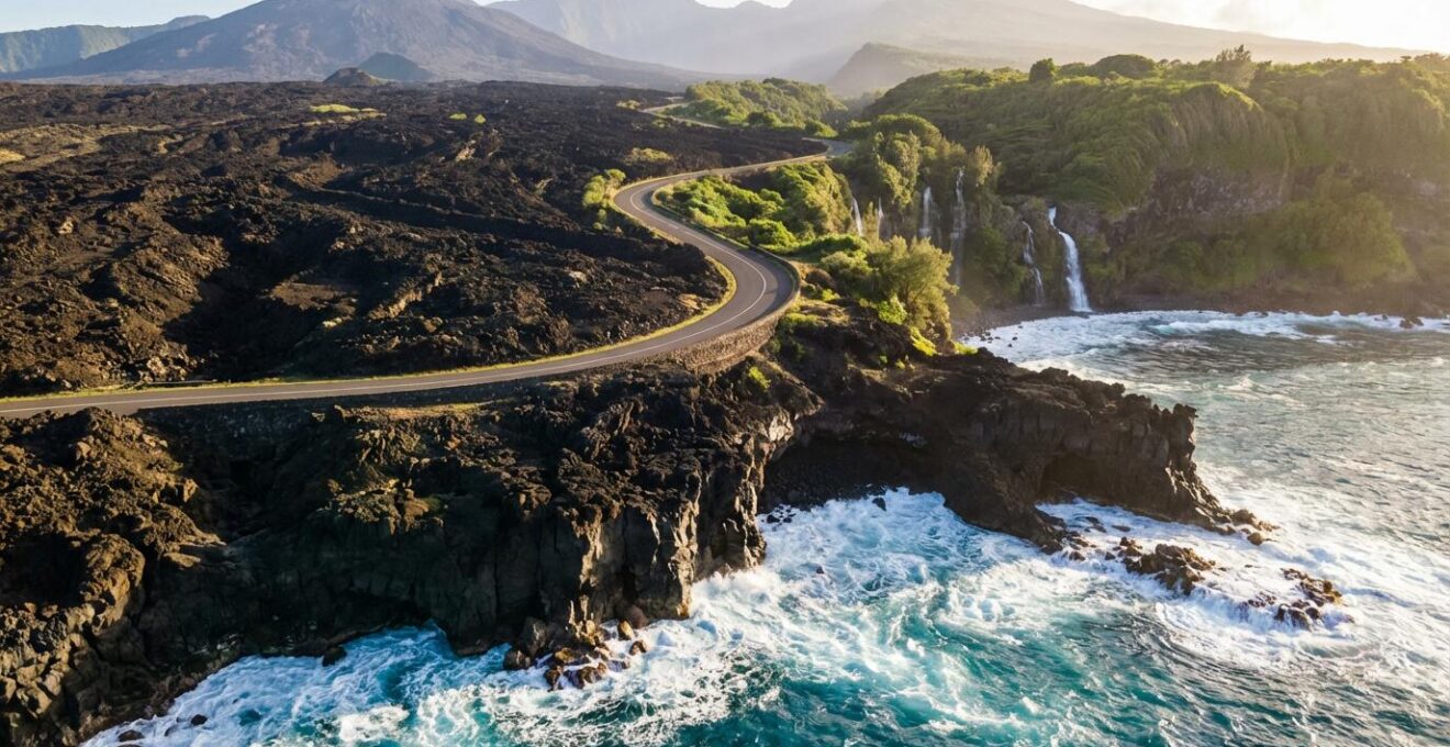 Route côtière sinueuse du Sud Sauvage de La Réunion avec vue sur l'océan et les falaises volcaniques