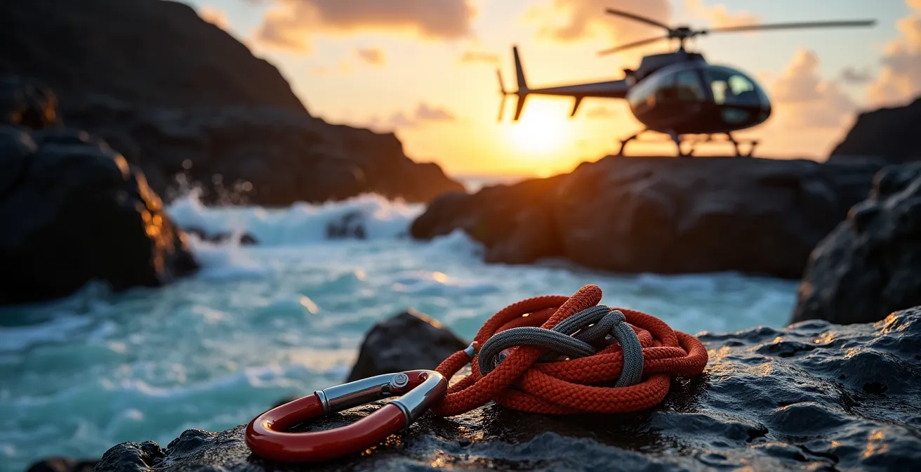 Composition montrant un hélicoptère survolant le Piton de la Fournaise et des canyonistes dans une cascade