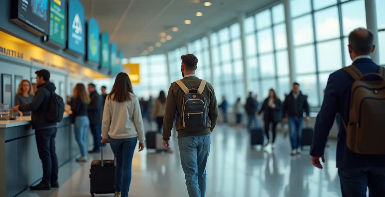 Hall de location de voitures avec voyageurs utilisant différentes stratégies d'évitement des files