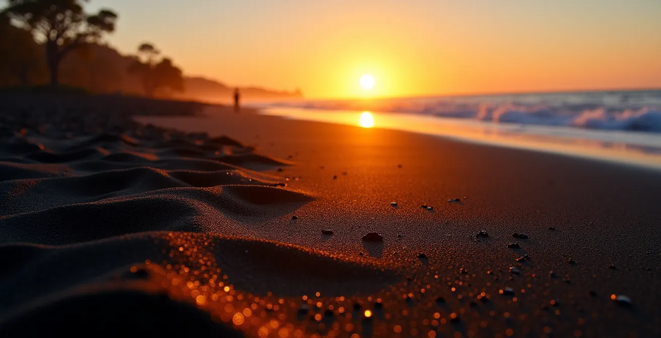 Coucher de soleil spectaculaire sur la plage de sable noir de l'Étang-Salé