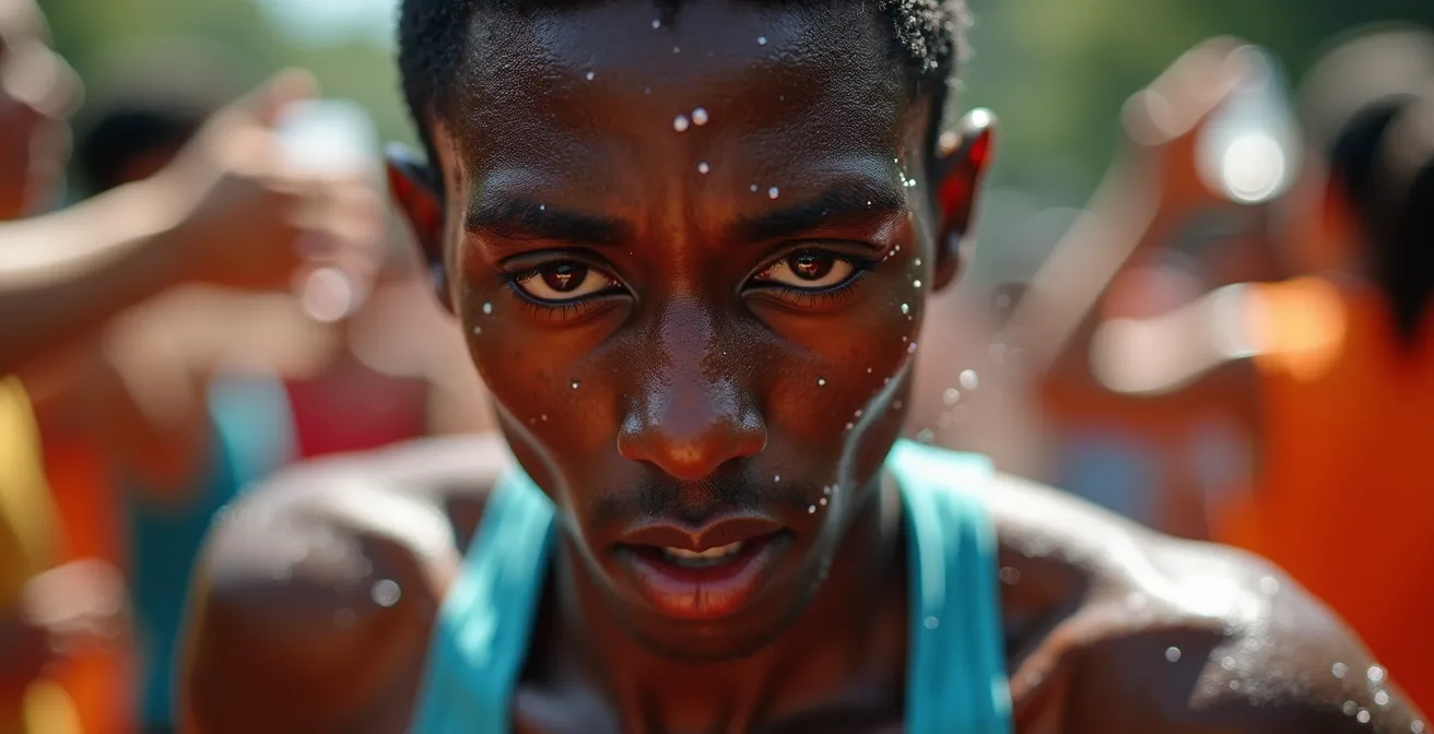 Gros plan sur le visage marqué d'un coureur recevant des encouragements de supporters enthousiastes