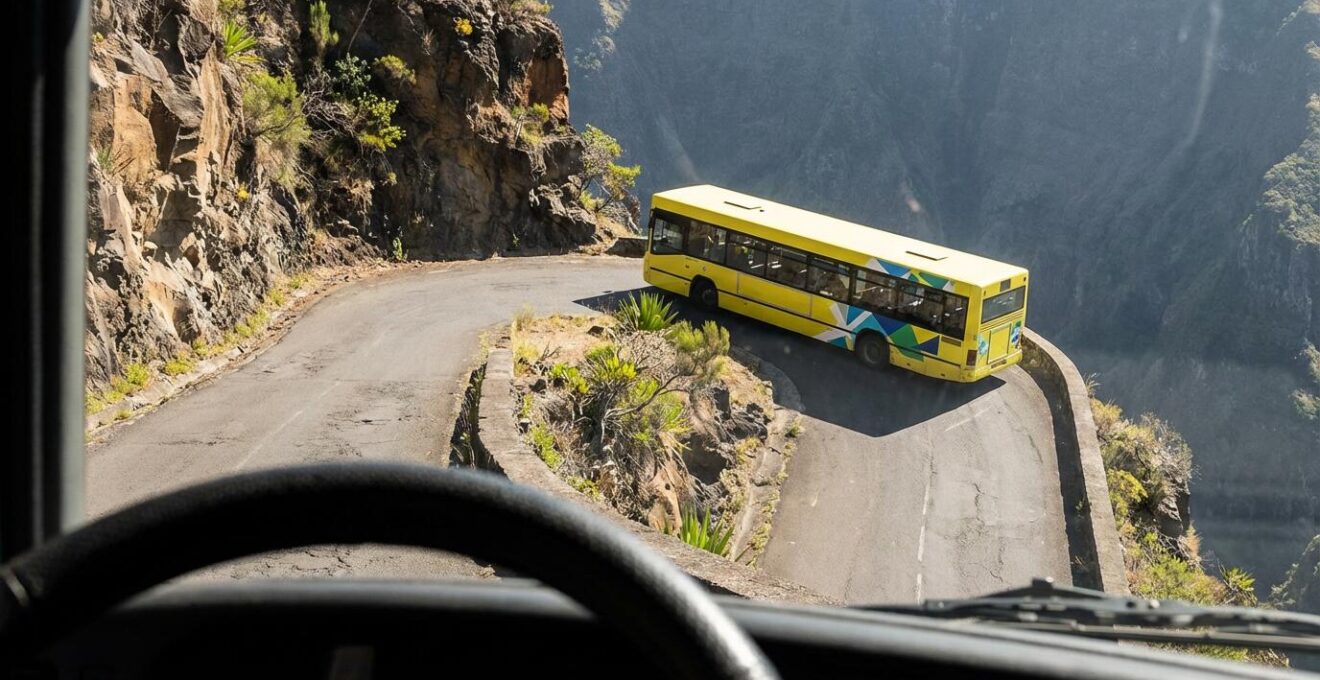 Bus jaune Car Jaune négociant un virage serré sur la route de Cilaos avec une voiture en contrebas