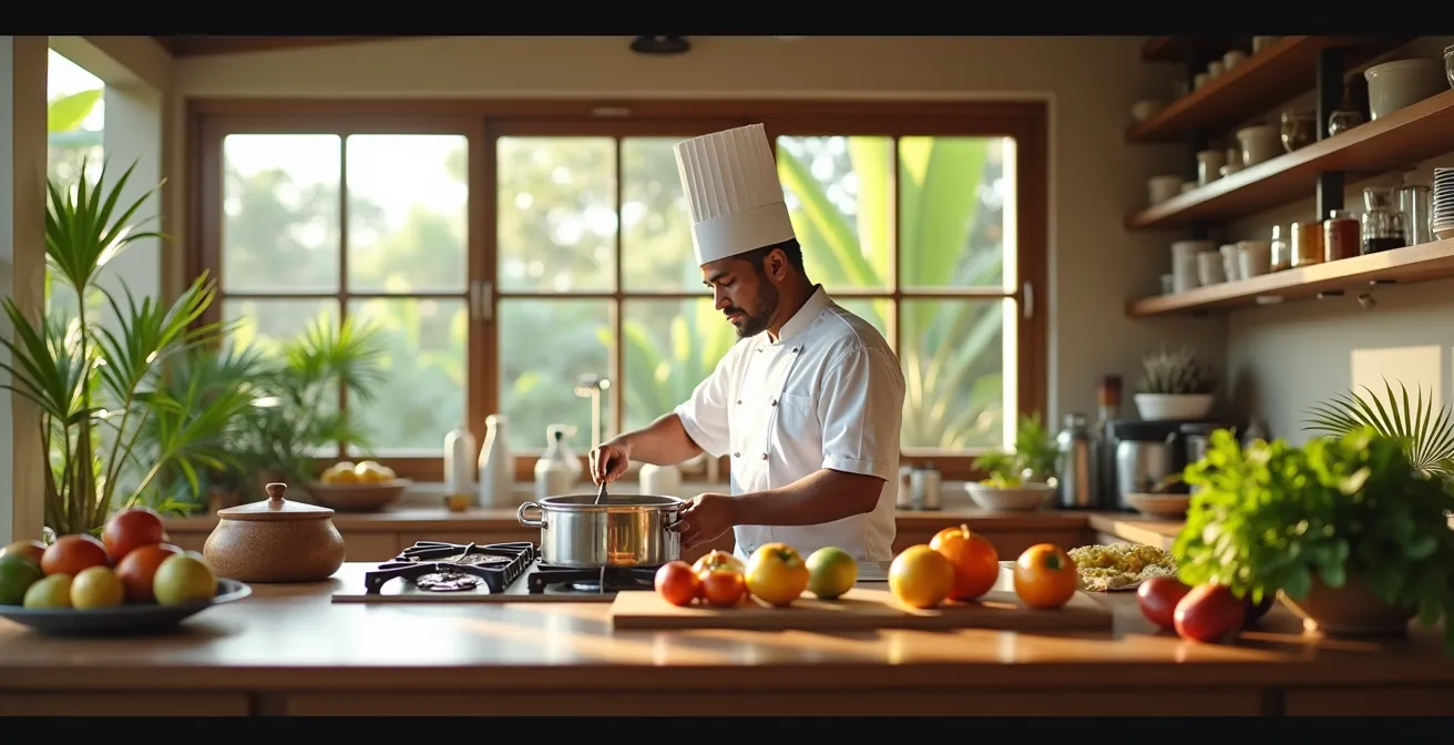 Cuisinier créole préparant un carry traditionnel dans une cuisine de villa