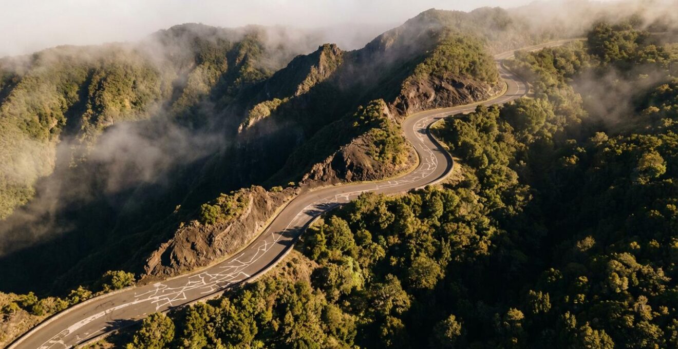 Vue aérienne de la route sinueuse du Maïdo à La Réunion avec virages en épingles et remparts volcaniques