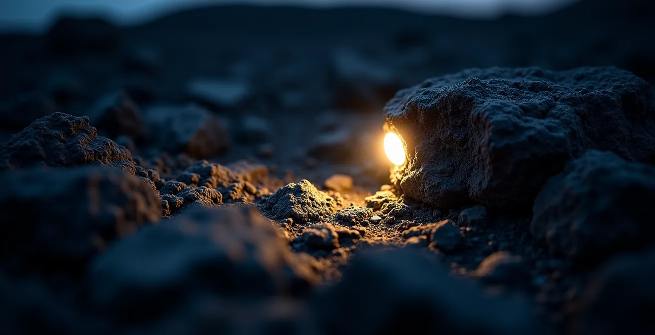 Lampe frontale illuminant un sentier de roches volcaniques sombres la nuit