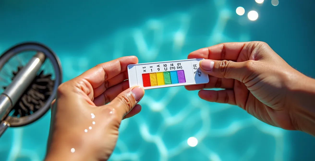 Gros plan sur des mains testant le pH d'une piscine avec bandelettes colorées, épuisette et produits d'entretien