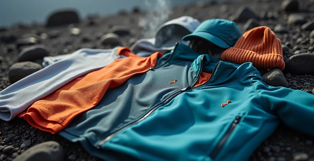 Équipement de randonnée disposé en couches superposées pour illustrer la technique de l'oignon