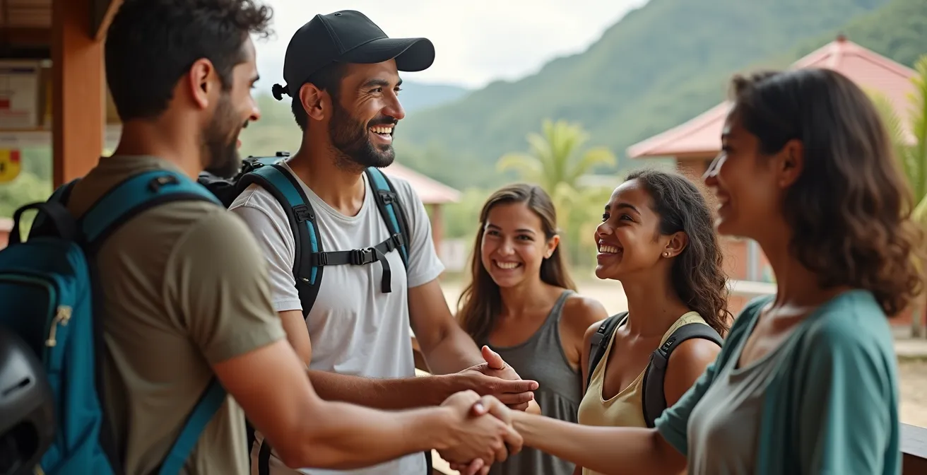 Famille discutant avec un guide local réunionnais pour négocier un tarif de groupe