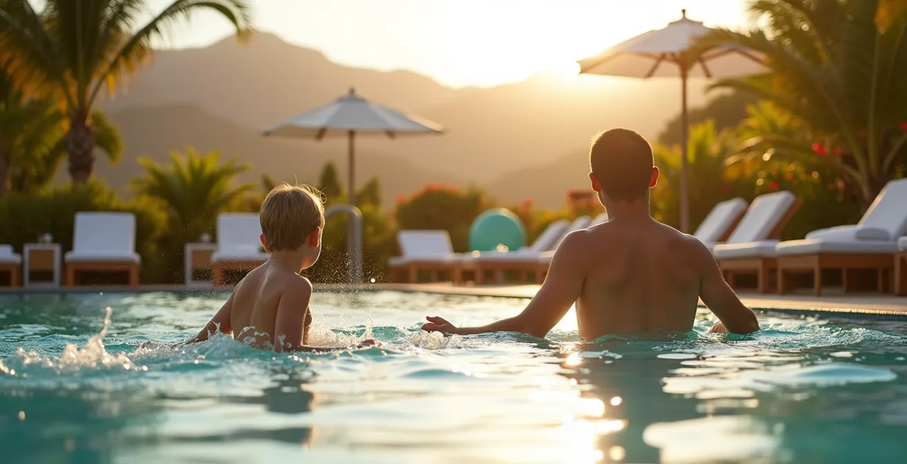 Famille se relaxant près d'une piscine d'hôtel avec vue sur les montagnes tropicales de La Réunion