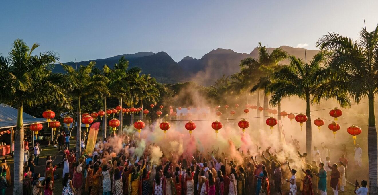 Vue panoramique d'une foule festive célébrant avec des poudres colorées et des lampions illuminés à La Réunion