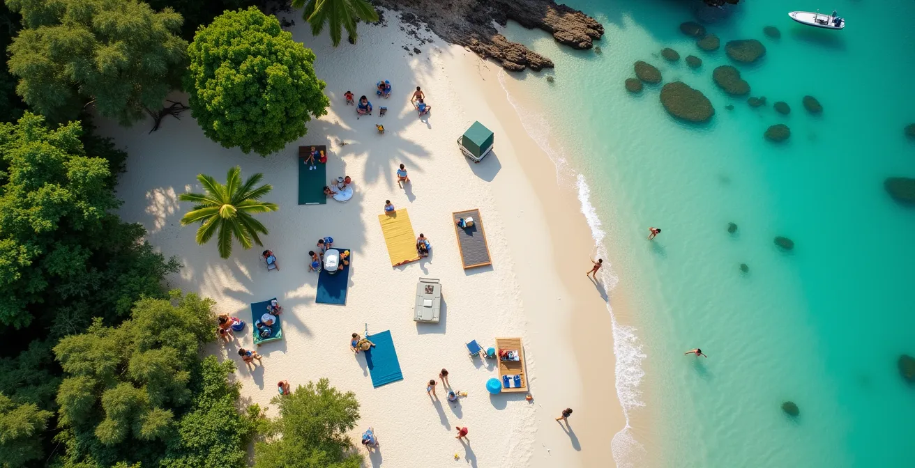 Vue aérienne montrant l'organisation spatiale des familles sous les filaos à la plage de la Saline