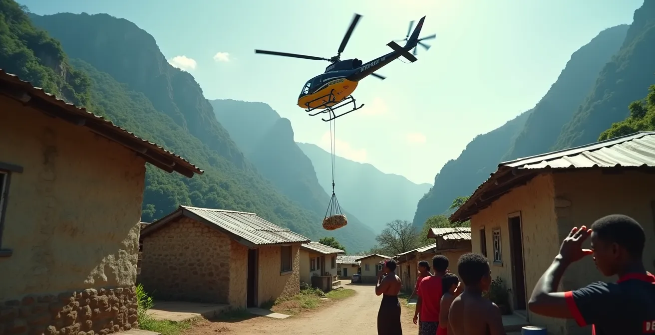 Hélicoptère survolant un îlet isolé de Mafate avec filet de ravitaillement suspendu