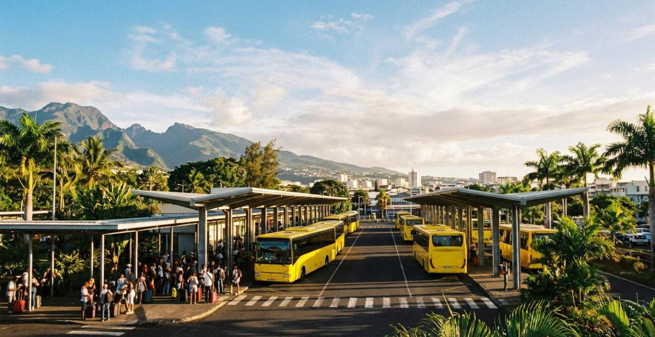 Vue panoramique de la gare routière de Saint-Denis avec plusieurs bus jaunes et voyageurs attendant leurs correspondances