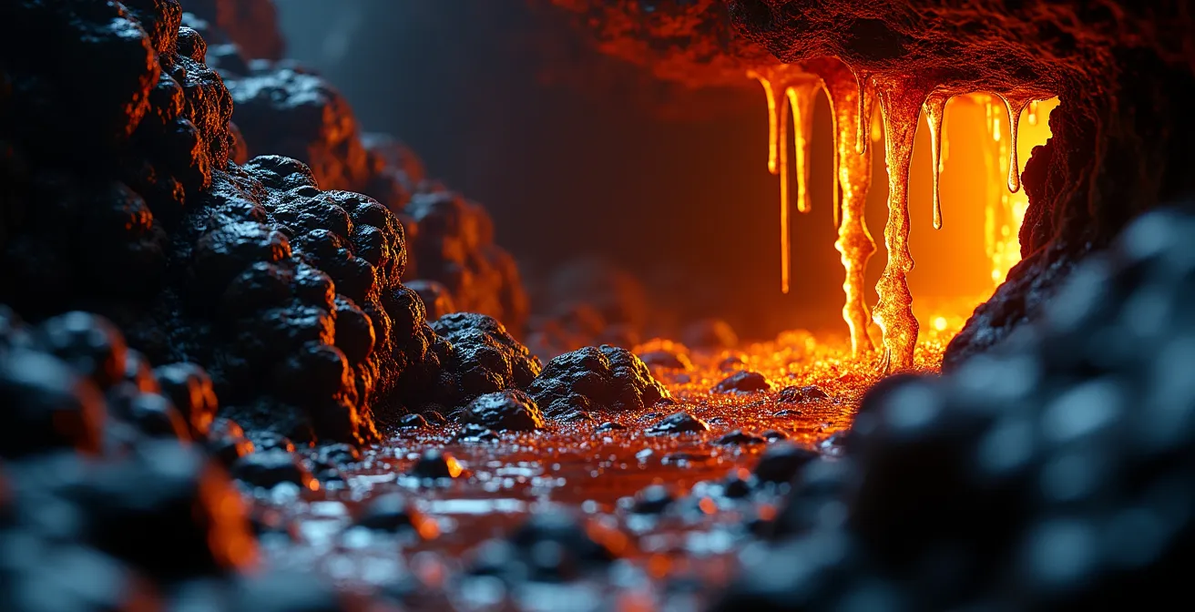 Guide de spéléologie équipé éclairant une formation de lave figée dans un tunnel volcanique