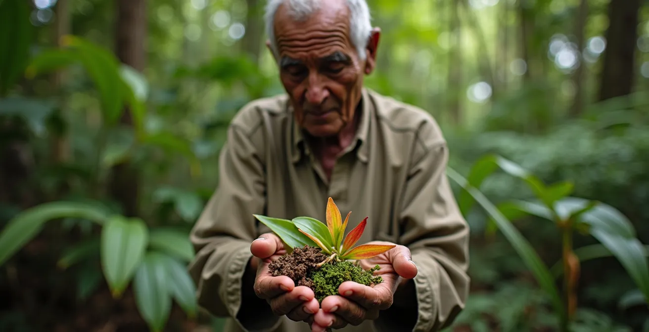 Tisaneur créole montrant des plantes médicinales dans la forêt tropicale de La Réunion