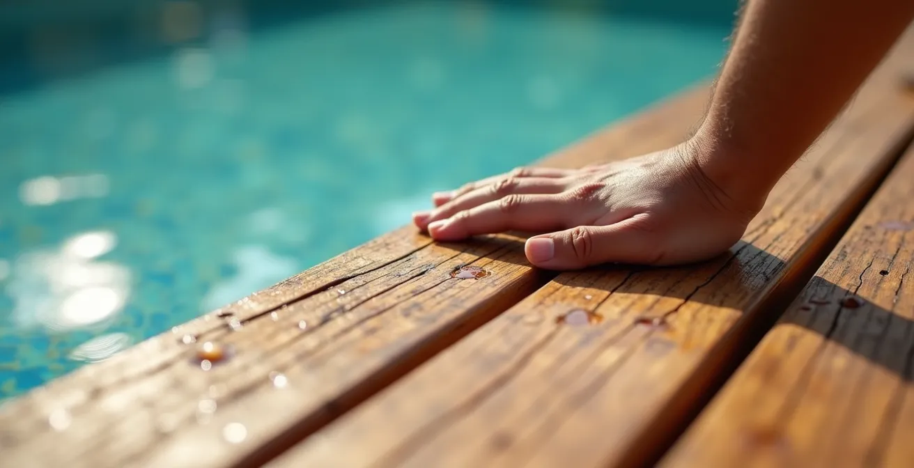 Gros plan sur le deck en bois d'une piscine de villa tropicale à La Réunion
