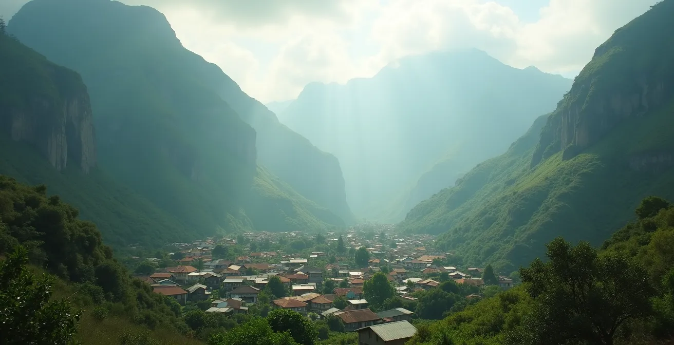 Vue panoramique du village de Cilaos niché dans son cirque avec église et maisons créoles
