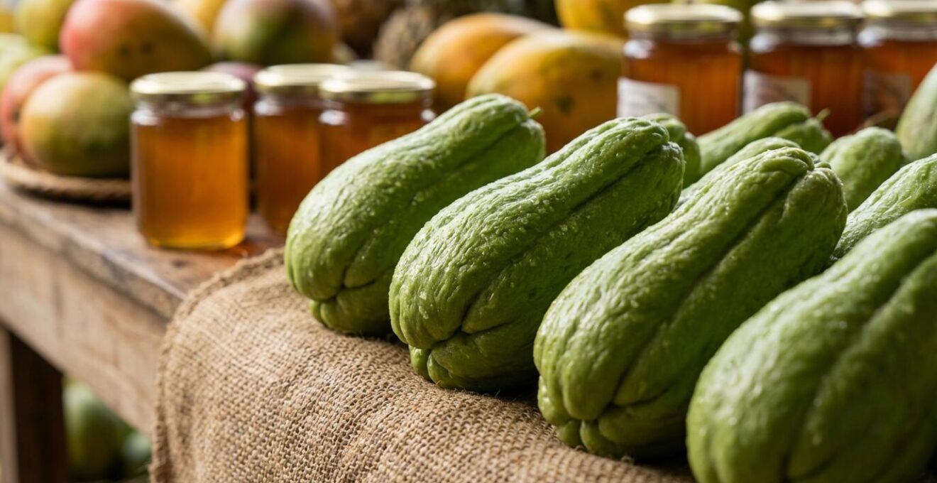 Étal coloré de chouchous et produits locaux sur un marché traditionnel de montagne à La Réunion
