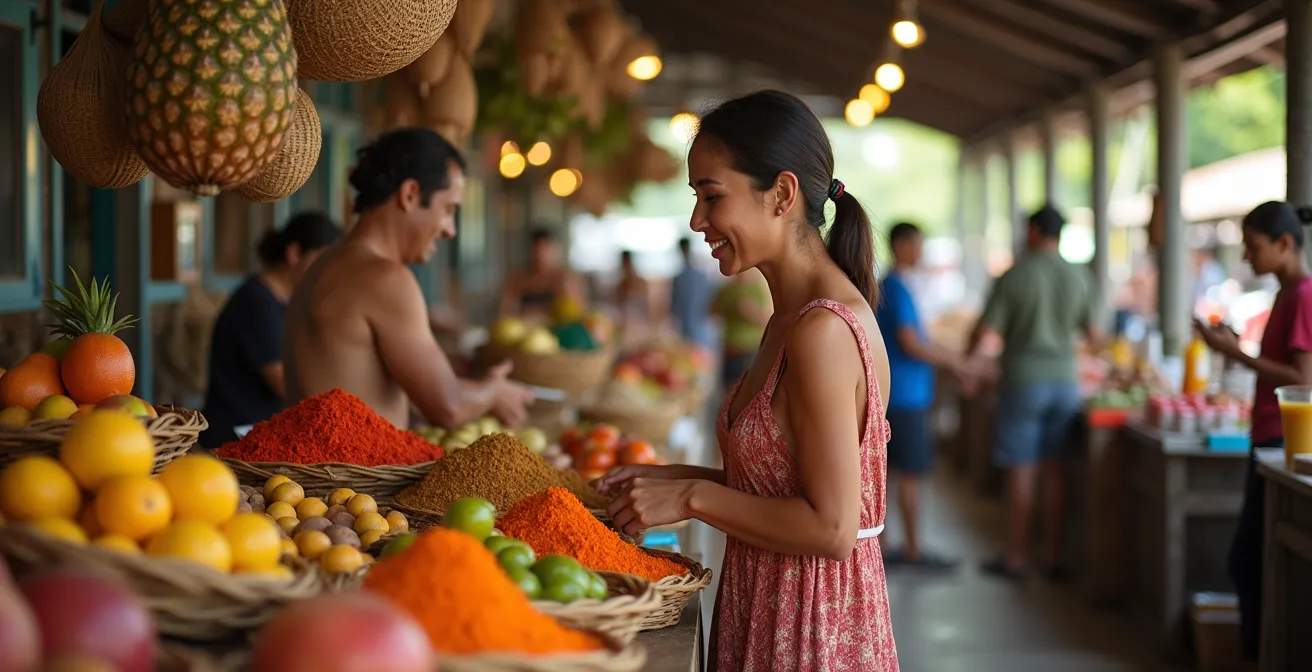 Intérieur animé du Grand Marché couvert de Saint-Denis avec ses étals colorés d'épices et de fruits tropicaux