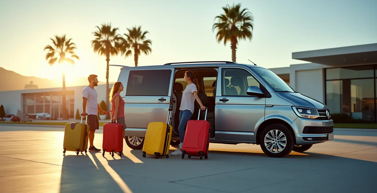 Famille avec bagages montant dans un minibus spacieux devant le terminal de l'aéroport