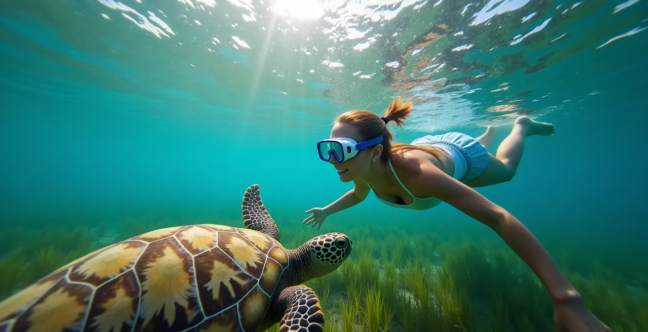 Plongeur maintenant une distance respectueuse avec une tortue verte broutant les herbiers marins