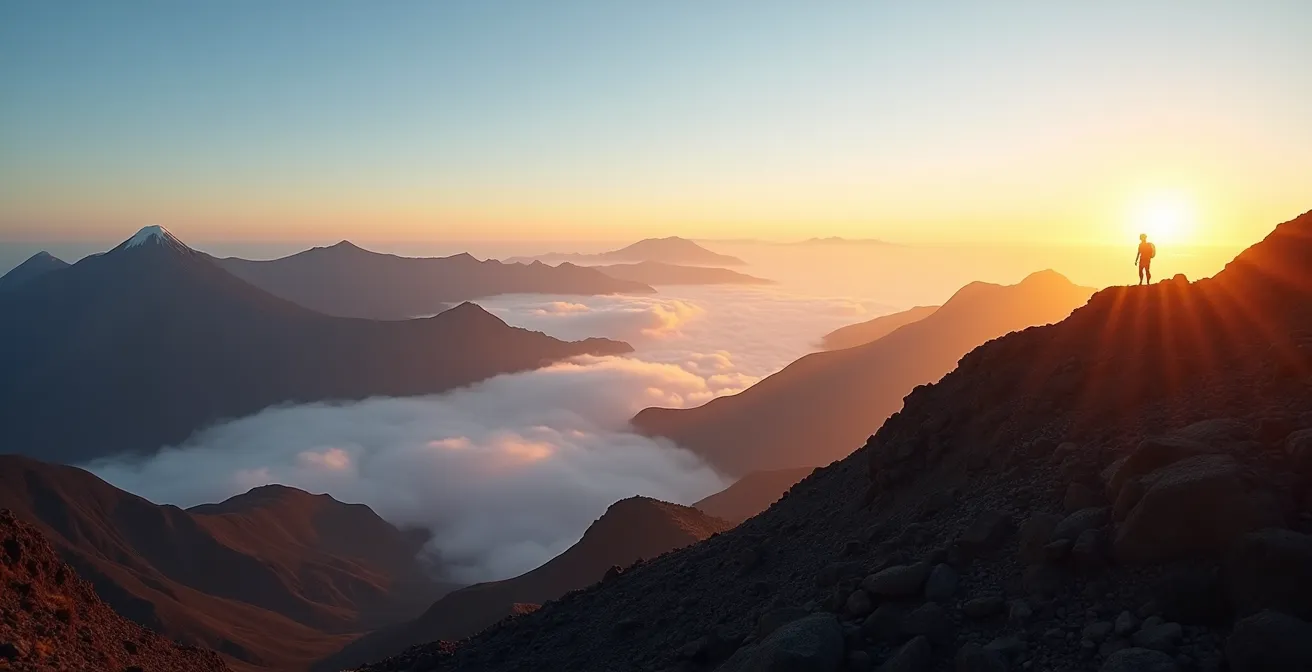 Vue panoramique depuis un sommet volcanique au lever du soleil sur les cirques de La Réunion