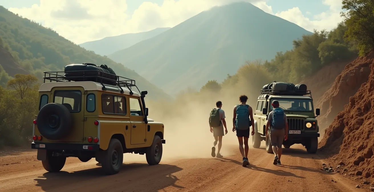 Parking en terre battue avec des 4x4 alignés près de la rivière des Galets à La Possession