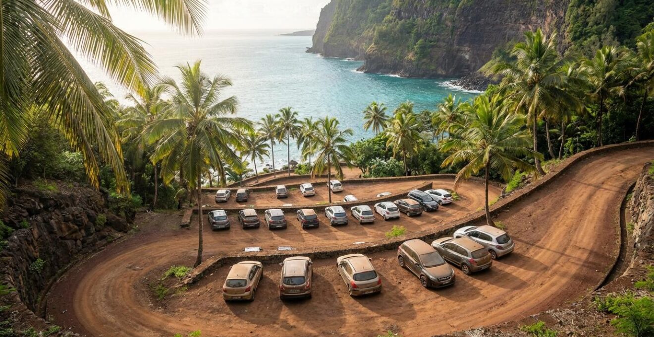 Vue aérienne des parkings étagés de l'Anse des Cascades avec cocotiers et océan