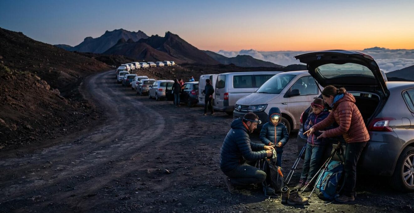 Parking saturé du Pas de Bellecombe avec voitures garées le long de la route volcanique